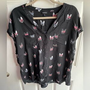 Torrid Black Button Down Shirt with Patriotic Pug Dog Faces